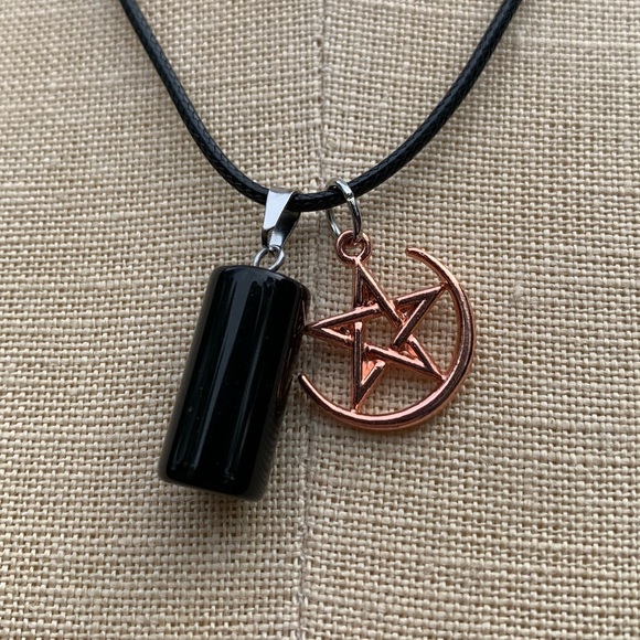 Handmade Obsidian Stone Amulet with Pentagram Star and Moon Charm - Picture 5 of 9